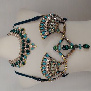 Green Multi-colored Jewel Embellished Wire Bra and Necklace Set